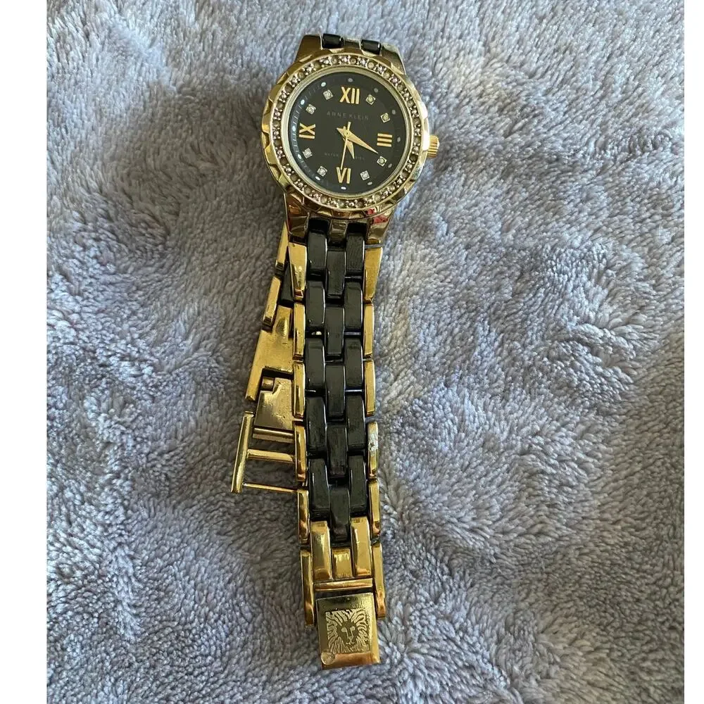 Anne Klein 10/9456 Two-Tone Gold & Black Ceramic Watch with Swarovski Crystals